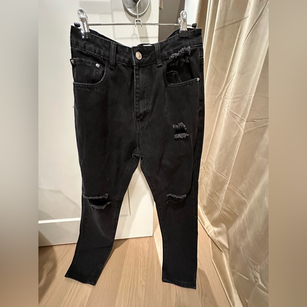 Black distressed straight jeans